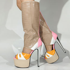 Yaz Peep Toe diz yüksek çizmeler kadın renk karışık sandalet büyük boy 47 Patchwork ayakkabı yüksek ince topuklu platformu uzun patik - Product Image 6