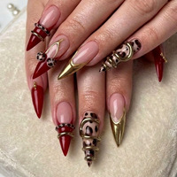 24 faux ongles à presser, forme amande, rouge, French manucure, motif léopard doré, avec lime à ongles en gelée, vente en gros, dropshipping