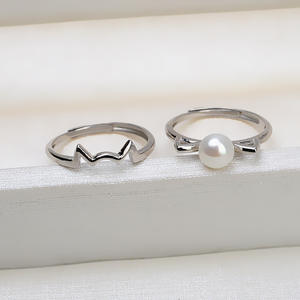 Anillo Abierto de Plata S925 con Orejas de Gato, Juego de 2 Piezas, 6-7 Perlas, Soporte Hueco, Accesorios, Anillos de Moda con Forma de Oreja de Gato al Vapor - Product Image 3