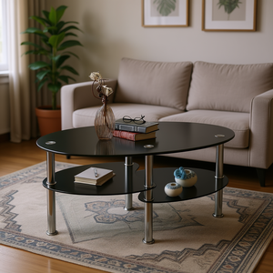 Double Layer Oval Tempered Glass Coffee Table <b>Black</b> Modern Living Room Furniture Durable Elegant Metal <b>Frame</b> - Product Image 2
