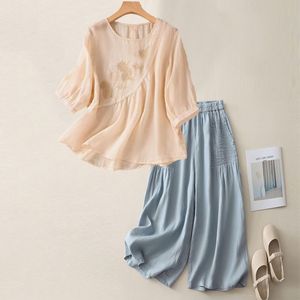 Women's Cotton Linen Embroidered Set Three Quarter Sleeve Loose Casual Pants Breathable Artistic Retro Style - Product Image 5