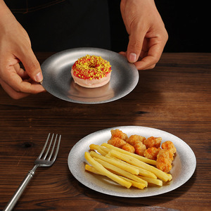 Stainless Steel Round Plate Solid Color Japanese Industrial Style Dessert Plate <b>Microwave</b> Safe Hotel Meal Use - Product Image 1
