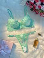 Ensemble de Lingerie Sexy Brodé Soutien-Gorge et String pour Femme, Bonnets 3/4 Push-up, en Maille Transparente, Motif Floral, Bretelles Réglables