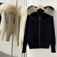 Cardigan Pull Femme Zippé Manches Longues Automne Hiver, Manteau à Capuche Détachable Grand Col en Vraie Fourrure de Renard, Haut de Luxe