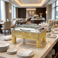 Plat de service rectangulaire de luxe en acier inoxydable doré, chauffe-plat de buffet avec couvercle transparent, chauffage à l'alcool pour hôtel