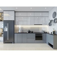 Ensemble complet d'armoires de cuisine laquées grises brillantes, fabriquées en Chine, avec tiroirs à fermeture douce, style moderne.