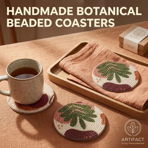 Botanical Beaded <b>Coaster</b> Set, <b>Round</b> Leaf & Fruit Design Drink <b>Coasters</b> for Dining Table, Coffee Table, Kitchen & Home Decor - Product Image 4