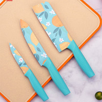 Ensemble de couteaux de cuisine bleu menthe à motifs floraux, 3 pièces, en acier inoxydable, lames revêtues, manche perforé, pour la cuisine à domicile