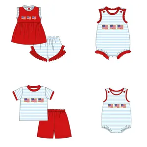 Kinder 4. Juli Flagge Smocked Kleider Custom Design Matching Seer sucker Outfit Kinder Patriotische Stickerei Kleidung