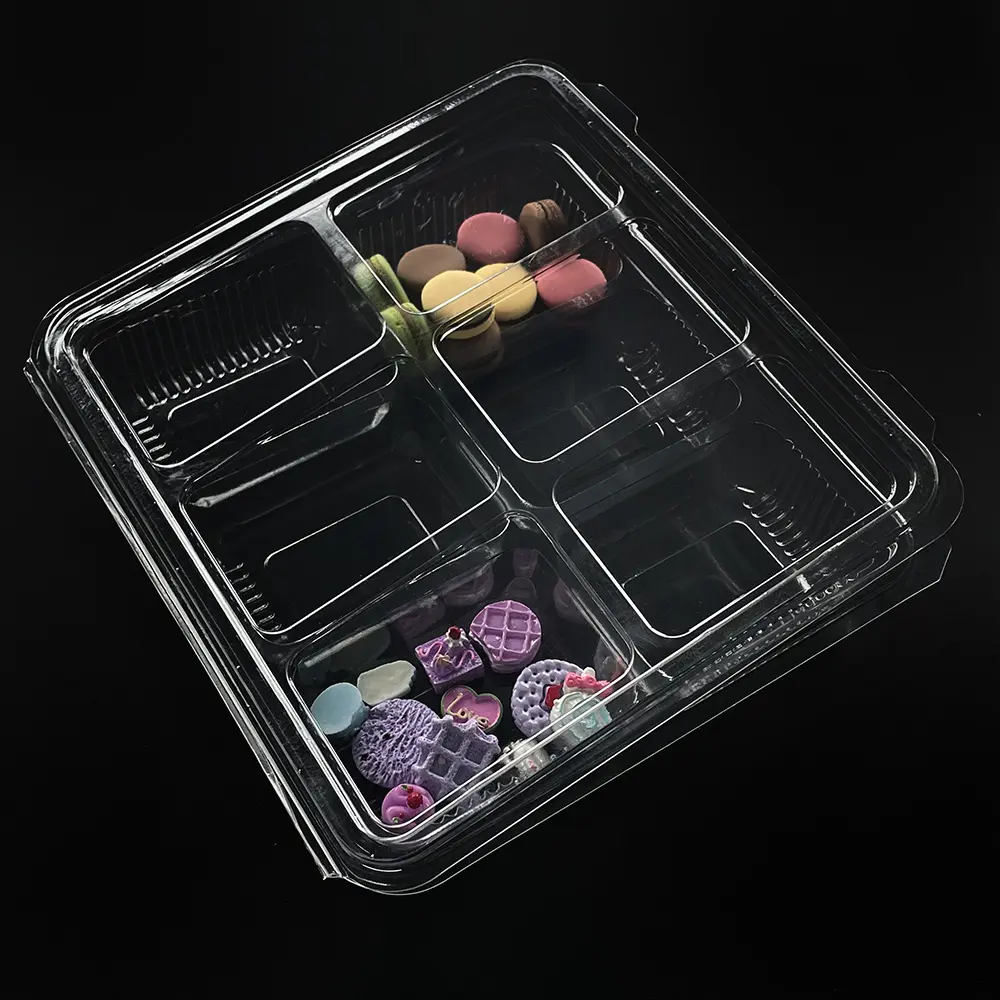 wholesale clear disposable plastic 6 compartment food tray with hinged lid