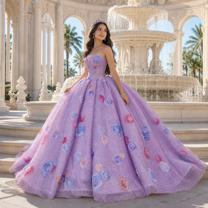 6978 Bling Beading Crystal Boat Neck Corset Print Appliqued Flower Sweet 15 Girls <b>Ball</b> <b>Gown</b> Chapel Train Eco-Friendly Dress for - Product Image 1