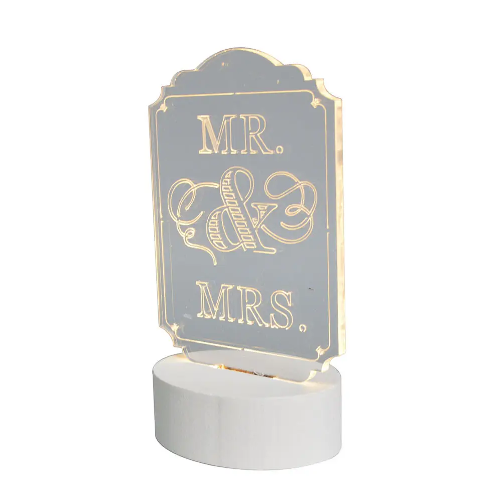 ฐานไม้สีขาวคริลิคใส MR MRS ป้ายโต๊ะไฟตกแต่ง Centerpiece ของขวัญแต่งงาน Favour