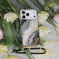 Coque de téléphone en marbre scintillant avec sangle perlée papillon, grande fenêtre et cadre d'appareil photo en strass, protection pour iPhone Samsung