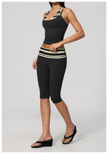 Women's Casual Striped Two Piece Sports Set Strapless Halter Short Crop High Waist <b>Capri</b> Leggings Breathable Knitted Polyester - Product Image 6