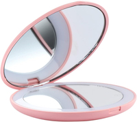 Cermin Rias LED Saku Mini Bulat Gagang Ganda Kaca dengan Lampu dan Personalisasi, Dapat Dikustomisasi, WARNA PINK