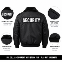Blouson Bomber de Sécurité pour Homme avec Col en Fausse Fourrure, Manteau d'Hiver Chaud pour Agent de Sécurité, Veste à Fermeture Éclair avec Rabat Anti-Intempéries, Patch de Sécurité Personnalisé