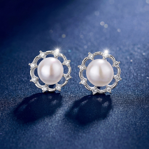S925 <b>Silver</b> Freshwater <b>Pearl</b> Stud <b>Earrings</b> CZ Flower Halo Frame Elegant Jewelry Gift for Women Brides - Product Image 2