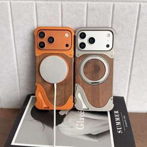 Funda de <span class=keywords><strong>Madera</strong></span> de Nogal para iPhone 17 Pro Max, Marco de Aleación de Aluminio, Soporte Giratorio de 16 Grados, Protección Antigolpes - Product Image 2