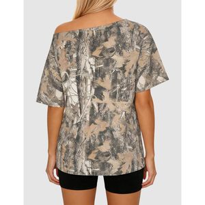 FOXA Women Off Shoulder Camo T Shirt Short Sleeve Oversized Boat Neck <b>Top</b> Summer Breathable Jersey Print - Product Image 3