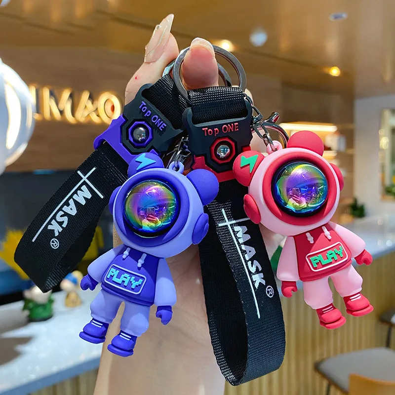 New Epoxy Cool Lightning 3D Bear Keychain Trend Fashion Space Bear Doll PVC Keychain for Car Bag Accessories