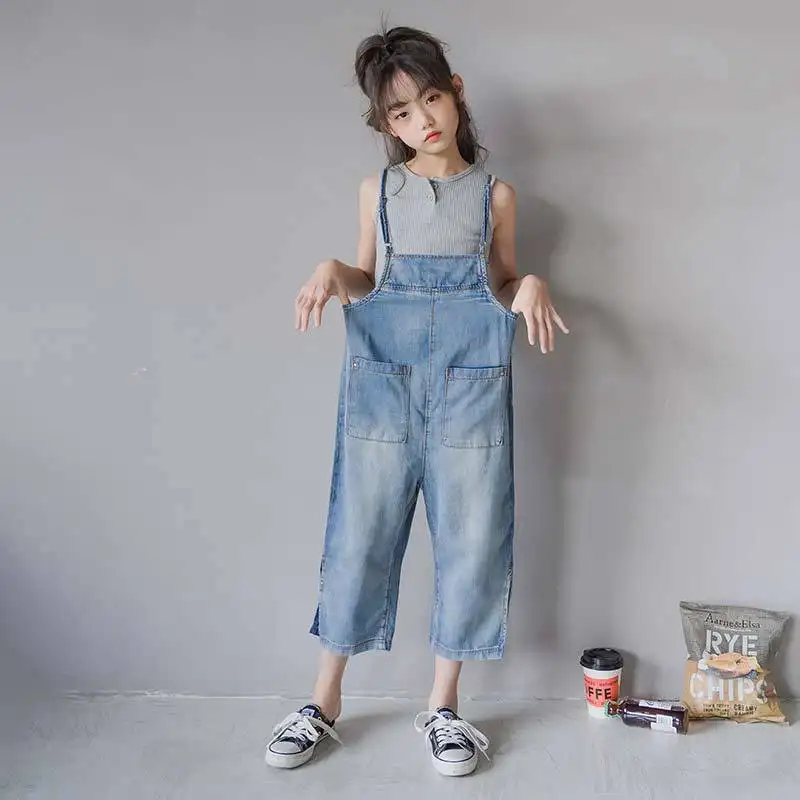 Mode enfants fille Hip Hop Street vêtements style coréen pantalon enfants jean combinaison Jean bretelles costume