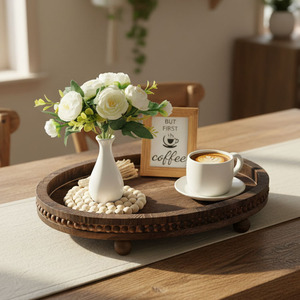 ถาดไม้ตกแต่งประดับลูกปัดไม้สำหรับโต๊ะกาแฟ - Product Image 1