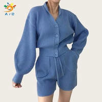 AJB 2026 Automne Ensemble 2 Pièces Femme : Cardigan et Short Assortis, Couleur Unie, Manches Longues, Tricot Ample, Tenue Décontractée OEM