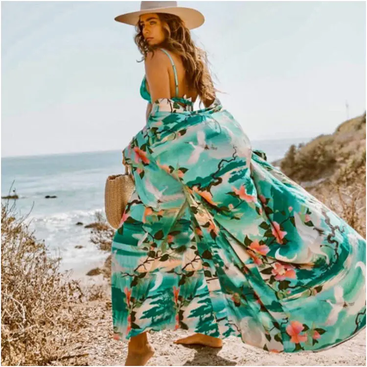 Kimono Beach Cover Up Hotselling Rayon aperto davanti Cardigan estate donna fiore lungo aperto Cardigan Kimono Beach Cover Up Dress