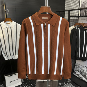 <span class=keywords><strong>Pull</strong></span> tricoté à <span class=keywords><strong>col</strong></span> polo rayé, demi-zip, manches longues, style « old money » pour <span class=keywords><strong>homme</strong></span>, vente en gros directe usine transfrontalière - Product Image 2