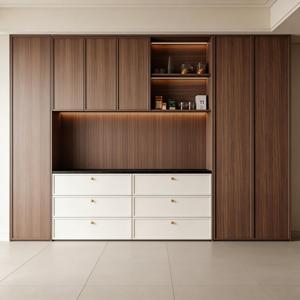 Buffet moderne minimaliste MUJU en bois de noyer avec éclairage LED, poignées dorées, <span class=keywords><strong>crédence</strong></span> en pierre <span class=keywords><strong>noire</strong></span> pour salon/salle à manger/<span class=keywords><strong>cuisine</strong></span> - Product Image 1