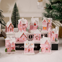 Petite maison Art déco en résine rose avec lumière paysage miniature décor à la maison Figurine cadeau pour fille