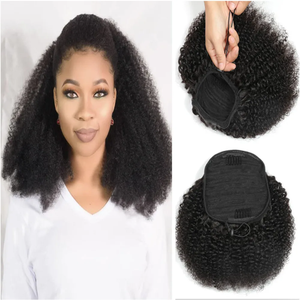 Mongololo Afro crespo riccio coda di cavallo <span class=keywords><strong>capelli</strong></span> umani <span class=keywords><strong>extension</strong></span> 4B 4C Remy lunga fermaglio piccolo cappuccio 120% densità - Product Image 2