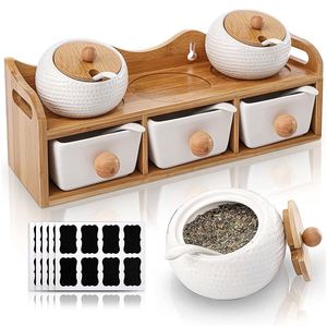 Professional Custom Bamboo 2 Tier <b>Kitchen</b> Spice Rack Organizer with Porcelain Spice Jar Container - Product Image 1