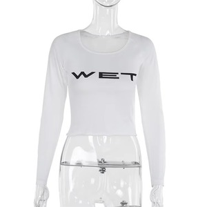 <strong>Women's</strong> Summer Casual Knitted Long Sleeve <strong>T</strong>-<strong>Shirt</strong> Wet Letter Print White Transparent Crew Neck Slim Fit Short Y2K Eco-Friendly - Product Image 6