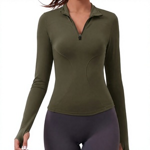 Camiseta de Yoga de Manga Larga con Cierre de Cremallera de un Cuarto para Mujer, Color Verde Oliva, Transpirable, de Secado Rápido, Ajuste Elástico, Chaqueta Deportiva - Product Image 1