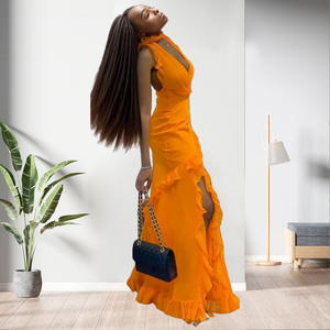 Vestido largo ajustado sexy con aberturas, cuello halter, color liso y volantes para mujer - Venta al por mayor - Product Image 4