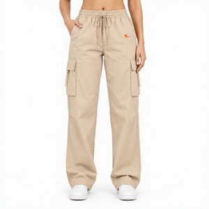 Pantalones cargo beige de cintura alta con cordón para mujer, corte holgado, estilo urbano, pantalones largos, pantalones cargo para mujer - Product Image 1