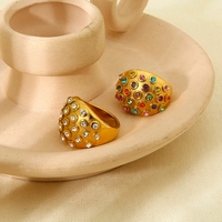 Nouvel arrivage de bagues en forme de dôme bijoux en acier inoxydable plaqué or 18 carats et zircon cubique coloré pour femmes