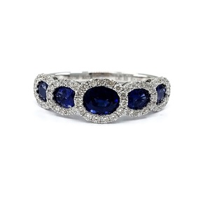Bijoux fins Anniversaire Mariage Haute qualité Or blanc massif 18 carats Véritable diamant Pierre précieuse Saphir bleu ovale Demi-alliance Cadeau - Product Image 1