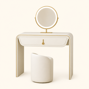 Table de toilette de luxe en bois massif, couleur crème, pour chambre à coucher, table de maquillage moderne minimaliste en cuir PU avec rangement - Product Image 1