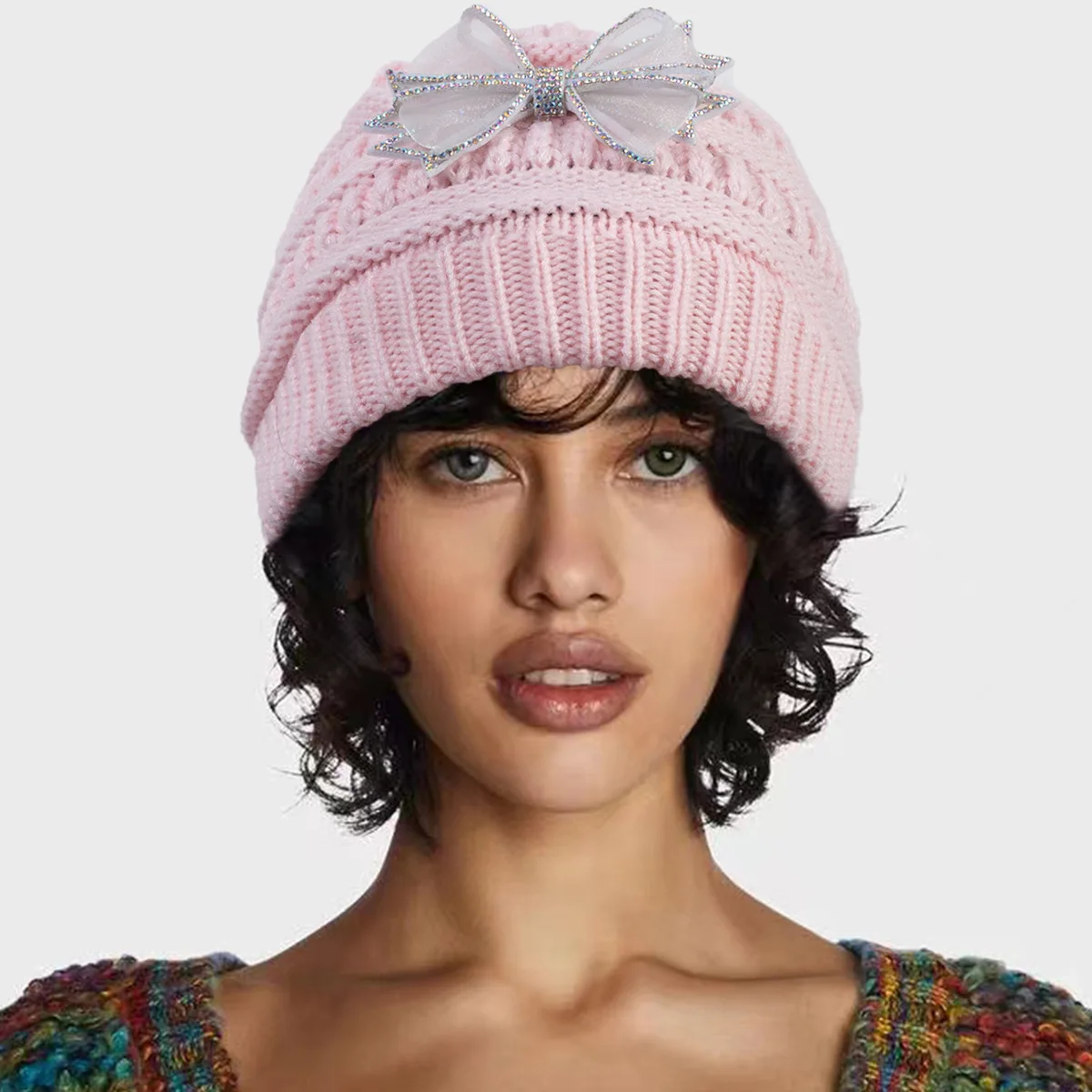 Bowknot Ponytail Beanie Caps for Women Winter Warm Beanie 