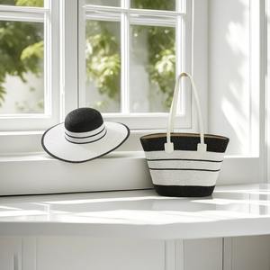 Ensemble assorti <span class=keywords><strong>chapeau</strong></span> de plage et sac en paille – Visière pare-soleil et sac fourre-tout tissé rayé, essentiels de l'<span class=keywords><strong>été</strong></span> pour femmes et stations balnéaires - Product Image 2