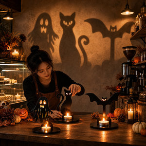 Lampes féeriques d'Halloween, porte-bougies en bois, projecteur d'ombres fantôme, chauve-souris, chat, accessoires de décoration photo - Product Image 1