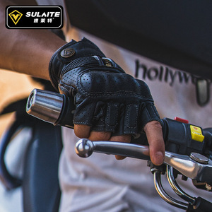 SULAITE Gants de moto demi-doigts unisexes en cuir noir avec fermeture éclair, respirants, protection pour hommes et femmes - Product Image 4