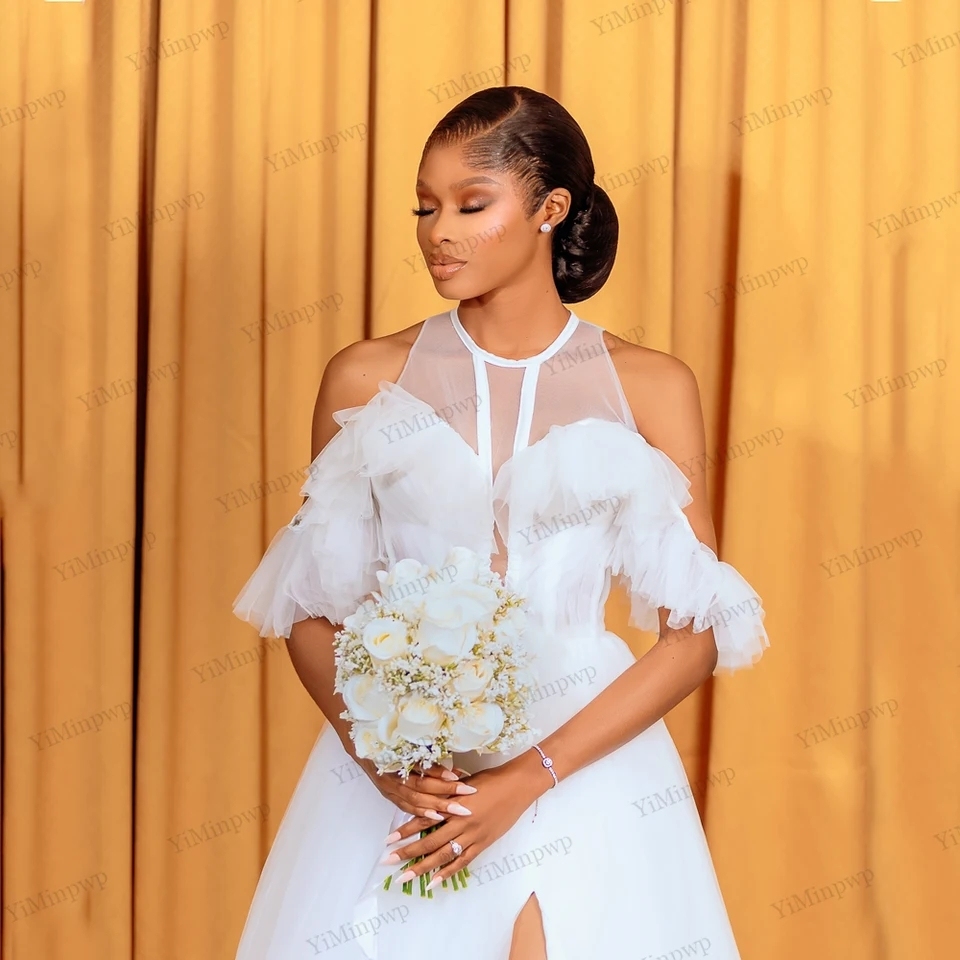 African Bridal Shower Dress O-Neck Side Split Reception Dresses for Bride Tulle Customized Robes Wedding Photoshoot