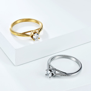 <b>Titanium</b> Steel <b>Ring</b> With Zircon Claw Setting Geometric Shape Engagement Unisex Jewelry Steel Gold Color - Product Image 3
