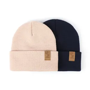 Winter Beanie Hats High Quality Unisex Adult Warm 100% Acrylic Embossed Logo Beanie Custom Colorful Blank Leather Patch Beanie Winter Hat