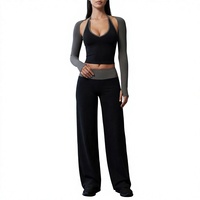 Ensemble de yoga color block, haut court à col halter en V, pantalon évasé taille haute, haut de sport à manches longues, ensemble trois pièces Activewear9639