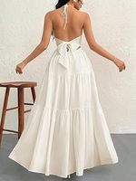 Robe longue décontractée pour femme, col licou, dos nu, à volants, avec détail nœud, taille empire, coupe trapèze évasée, pour la plage et les vacances