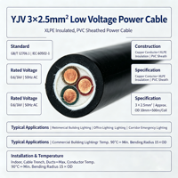Cable de Alimentación para Iluminación de Edificios, 3 Núcleos, 2.5mm2, Aislamiento XLPE, Revestimiento de PVC, Cobre, 0.6/1kV, 100m/200m por Tambor, para Oficina y Garaje